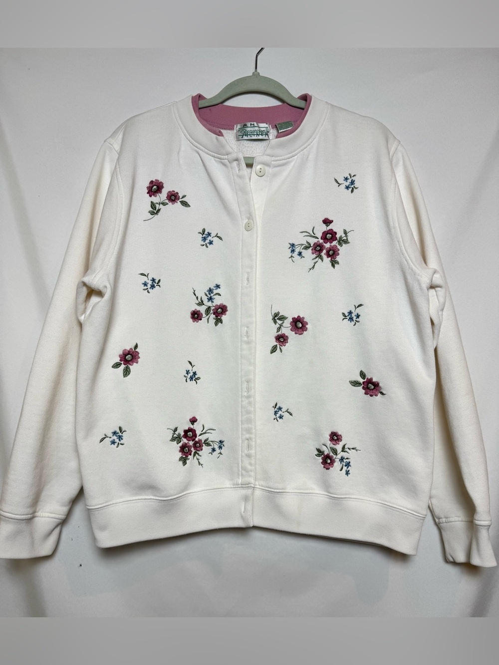Shenanigans Floral Embroidered White Button Front Sweater XL